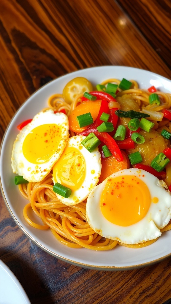 Stir-fried noodles with egg and mixed vegetables, garnished with green onions on a rustic table.